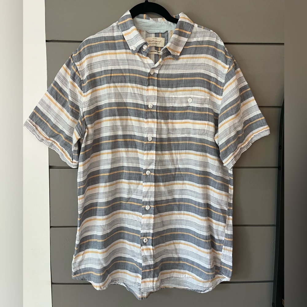 Weatherproof Short Sleeve Country Twill Stripe‎ Shirt Blue Yellow White Size M